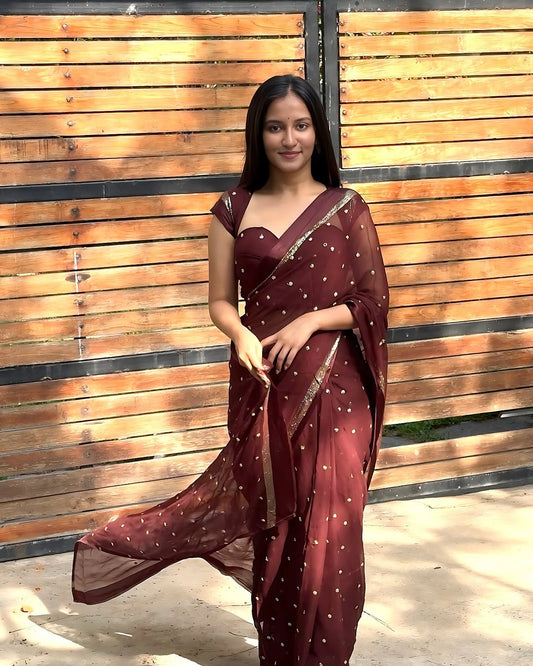 APEKVS05 - Pure viscose georgette saree with satin patta (Brown)
