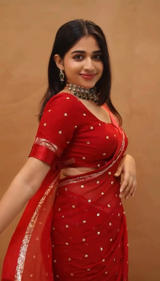 APEKVS14 - Pure viscose georgette saree with satin patta (Red)