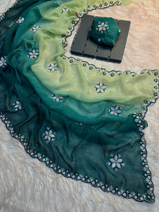 SAMHWSR07- Handwork saree with readymade blouse (Green)